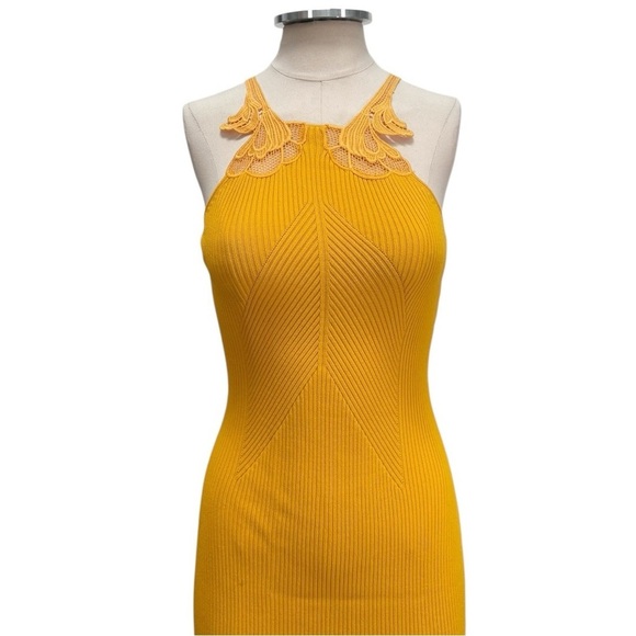 Self Portrait Canary Yellow Inserted Lace Knit Dress Size Small - Picture 6 of 10